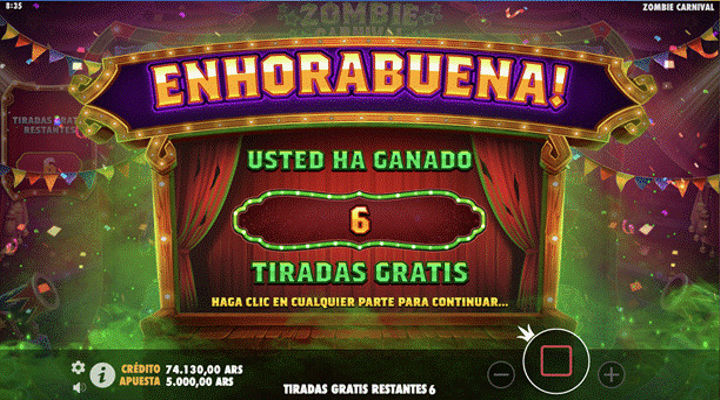 Pantalla de felicitaciones por giros gratis en Zombie Carnival